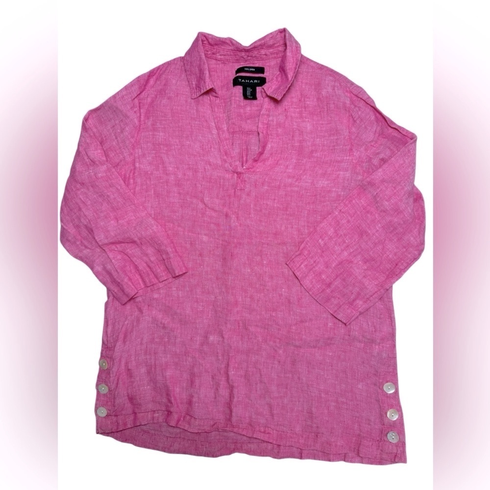 Tahari 100% Linen Button Front Top Size Small Fuc… - image 3